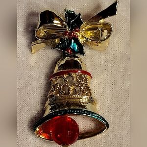 Holiday Christmas Gold Tone Metal Bow with Dangling Bell Brooch